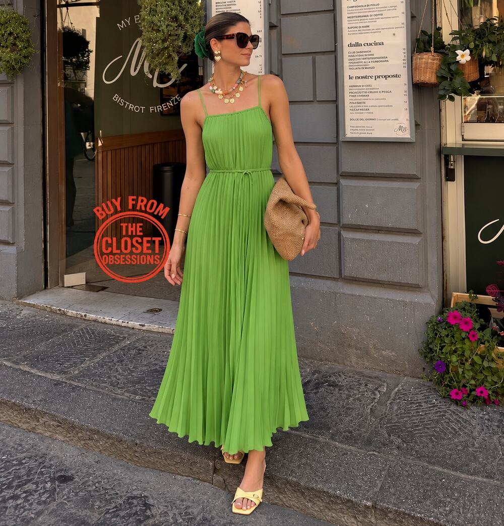 Mango NWT Lime Green Pleated Midi Dress Bow Belt 6 8 - Picture 1 of 16